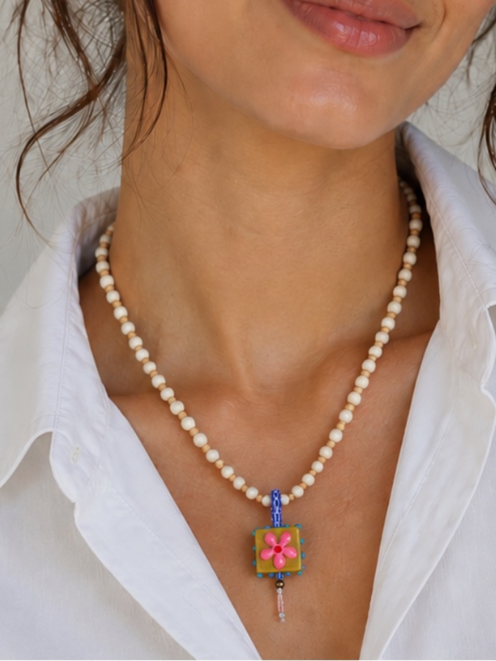 New! Beaded Colorful Flower Heart Charm Necklace NWOT 1059